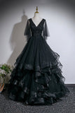 Black Layered Tulle Floor Length Prom Dress, A-Line V-Neck Party Dress HZ0429
