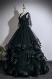 Black Layered Tulle Floor Length Prom Dress, A-Line V-Neck Party Dress HZ0429