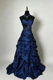 Navy Blue Strapless Prom Dress | Ruffled Beaded Evening Gown HZ0429