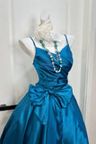 Blue Satin Prom Dress with Bow | Spaghetti Strap Formal Party Gown HZ0429