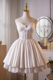 Ivory Satin Lace Knee Length Party Dress, A-Line Strapless Homecoming Dress HZ0429