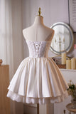Ivory Satin Lace Knee Length Party Dress, A-Line Strapless Homecoming Dress HZ0429