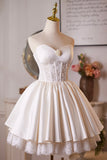 Ivory Satin Lace Knee Length Party Dress, A-Line Strapless Homecoming Dress HZ0429