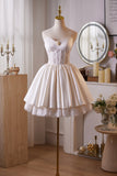 Ivory Satin Lace Knee Length Party Dress, A-Line Strapless Homecoming Dress HZ0429