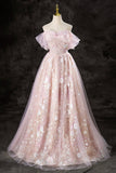 Pink Tulle Sequins Floor Length Prom Dress, Lovely A-Line Off the Shoulder Evening Party Dress HZ0429