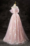 Pink Tulle Sequins Floor Length Prom Dress, Lovely A-Line Off the Shoulder Evening Party Dress HZ0429