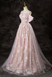 Pink Tulle Sequins Floor Length Prom Dress, Lovely A-Line Off the Shoulder Evening Party Dress HZ0429