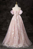 Pink Tulle Sequins Floor Length Prom Dress, Lovely A-Line Off the Shoulder Evening Party Dress HZ0429