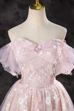 Pink Tulle Sequins Floor Length Prom Dress, Lovely A-Line Off the Shoulder Evening Party Dress HZ0429