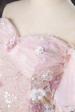 Pink Tulle Sequins Floor Length Prom Dress, Lovely A-Line Off the Shoulder Evening Party Dress HZ0429