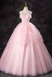 A-Line Pink Tulle Long Formal Gown, Pink Strapless Sweet 16 Princess Dress HZ0429