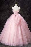 A-Line Pink Tulle Long Formal Gown, Pink Strapless Sweet 16 Princess Dress HZ0429