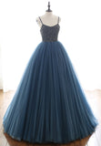Blue Tulle Long Prom Dresses, A-Line Evening Dresses with Beading HZ0429