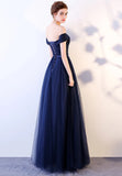 Blue Tulle Long Prom Dresses, A-Line Evening Dresses HZ0429