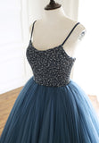 Blue Tulle Long Prom Dresses, A-Line Evening Dresses with Beading HZ0429