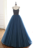 Blue Tulle Long Prom Dresses, A-Line Evening Dresses with Beading HZ0429