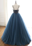 Blue Tulle Long Prom Dresses, A-Line Evening Dresses with Beading HZ0429