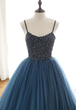 Blue Tulle Long Prom Dresses, A-Line Evening Dresses with Beading HZ0429