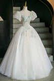 Fairy Tale Inspired White Sparkle Tulle Ball Gown with Mint Floral Embroidery HZ0429