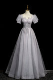 Gray Tulle Beaded Long Prom Dress, A-Line Short Sleeve Evening Party Dress HZ0429