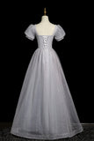 Gray Tulle Beaded Long Prom Dress, A-Line Short Sleeve Evening Party Dress HZ0429