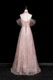 Pink Off-the-Shoulder Sequin Prom Dress, Sparkly A-Line Evening Gown with Tulle Sleeves HZ0429