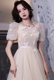 Champagne Lace Short Prom Dresses, A-Line Homecoming Dresses HZ0429