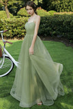 Green Spaghetti Strap Tulle Long Prom Dress, A-Line Evening Party Dress HZ0429