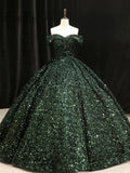 Dark Green Sequins Long Formal Dress, Elegant Off the Shoulder Party Dress HZ0429