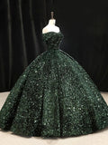 Dark Green Sequins Long Formal Dress, Elegant Off the Shoulder Party Dress HZ0429