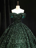Dark Green Sequins Long Formal Dress, Elegant Off the Shoulder Party Dress HZ0429