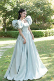 Green Princess A-Line Prom Dress, Beautiful Puff Sleeve Formal Party Dress HZ0429