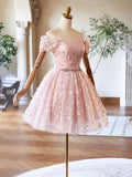 Pink Tulle Knee Length Prom Dress, Lovely Off the Shoulder Evening Party Dress HZ0429