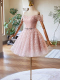 Pink Tulle Knee Length Prom Dress, Lovely Off the Shoulder Evening Party Dress HZ0429