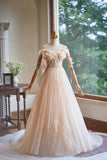 Champagne Tulle Floor Length Prom Dress, A-Line Sleeveless Backless Evening Party Dress HZ0429