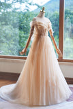 Champagne Tulle Floor Length Prom Dress, A-Line Sleeveless Backless Evening Party Dress HZ0429