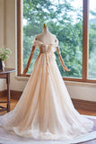Champagne Tulle Floor Length Prom Dress, A-Line Sleeveless Backless Evening Party Dress HZ0429