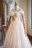 Champagne Tulle Floor Length Prom Dress, A-Line Sleeveless Backless Evening Party Dress HZ0429