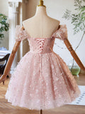 Pink Tulle Knee Length Prom Dress, Lovely Off the Shoulder Evening Party Dress HZ0429