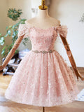 Pink Tulle Knee Length Prom Dress, Lovely Off the Shoulder Evening Party Dress HZ0429