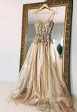 Gold Spaghetti Strap Sequins Long Prom Dresses HZ0429