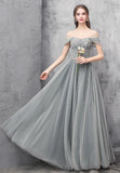 A-Line Tulle Long Prom Dresses, Off the Shoulder Evening Dresses HZ0429