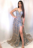 A-Line Backless Long Prom Dresses, Grey V-Neck Evening Dresses HZ0429