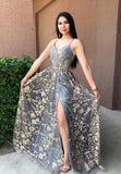 A-Line Backless Long Prom Dresses, Grey V-Neck Evening Dresses HZ0429