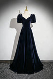Navy Blue Velvet Prom Dress Short Sleeve Sweetheart Neck A-Line Long Evening Gown HZ0429