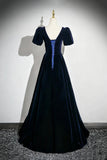 Navy Blue Velvet Prom Dress Short Sleeve Sweetheart Neck A-Line Long Evening Gown HZ0429