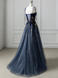 Blue Spaghetti Strap Velvet Long Prom Dress with Star, Blue Evening Dress Party Dress HZ0429