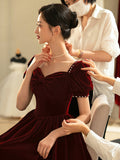 Burgundy Velvet Short Prom Dress, A-Line Short Sleeve Party Dress HZ0429