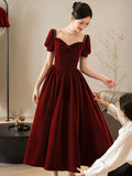 Burgundy Velvet Short Prom Dress, A-Line Short Sleeve Party Dress HZ0429