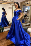 Simple V-Neck Satin Long Prom Dress, A-Line Off the Shoulder Evening Dress HZ0429